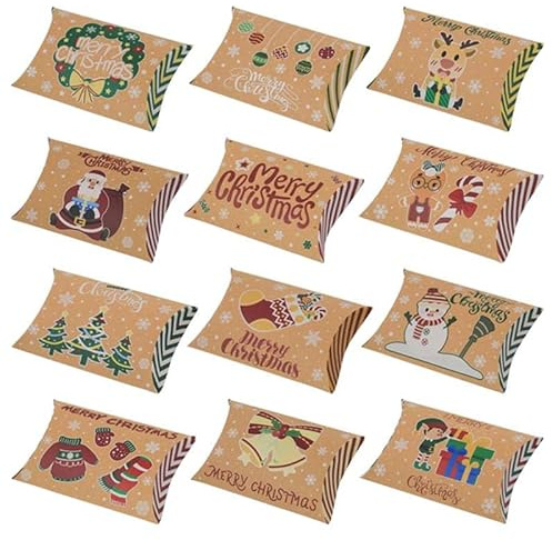 RUIYWEN 48 Stück Geschenkboxen Weihnachten Kissenschachteln Weihnachtssüßigkeiten Box für Schokolade Kekse Geschenk Weihnachten Dekoration (12 Modelle, Kraftpapier)