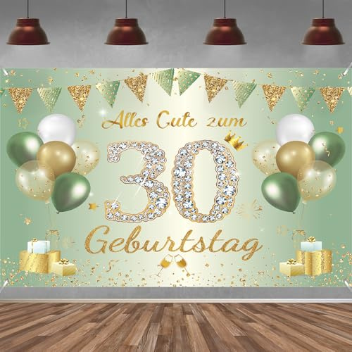 30. Geburtstag Banner Frauen Männer Deko Salbeigrüne 30 Geburtstag Hintergrund Banner, Extra Große Stoff Schild Poster für 30 Geburtstag Party Deko, 210x150 cm