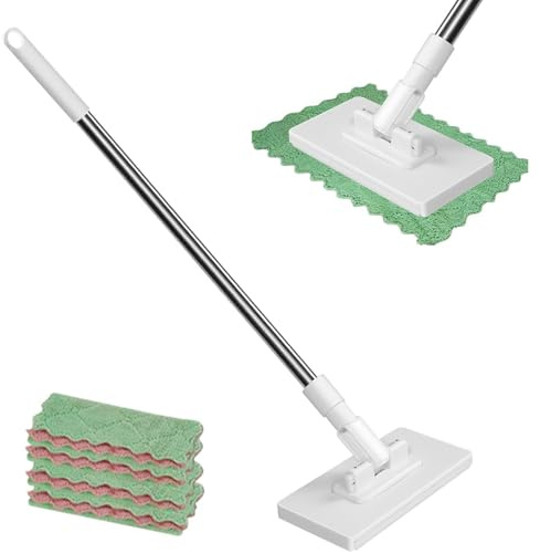 Disposables Dust Mop With 4 Reusable Cloths, Automatic Cloth Changing Mini Mop, Snap Grip Mini Mop with 360° Rotating Head, Compatible with Reusable Towels & Disposable Wipes for Floor Wall Kitchen
