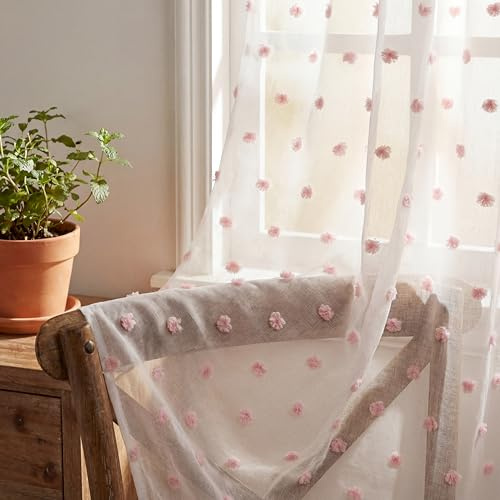 Horaldaily White Sheer Curtains for Living Room and Bedroom, Boho Drapes Farmhouse Pink Pom Pom Curtains Light Filtering Sheer Nursery Kids, 52 W x 63 L, Set of 2 Curtain Panels