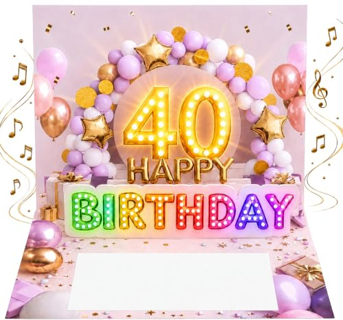 Joli Coon Geburtstagskarte 40 mit Musik und Licht, 20 x 15 cm | Pop-up-Mechanismus, Fächer für Geldscheine, Goldveredelung, passendes Kuvert, Siegelsticker, zum 40. Geburtstag