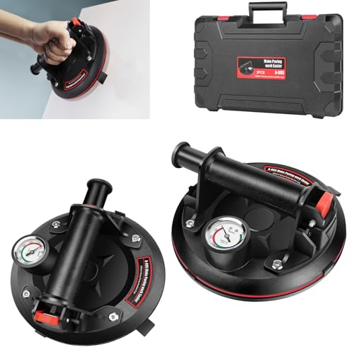 Saugheber für Fliesen 2er-Set, 8 Fliesenheber Saugheber mit Manometer, Glassauger Tragkraft Max.200kg, Robuste Plattenheber Vakuum Glasheberfür Transport von Aquarium,Fliesen, glas,Platten