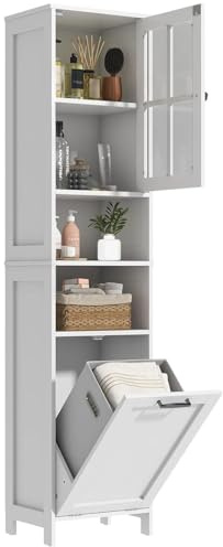 Feonase 67.5 Tall Bathroom Storage Cabinet with Laundry Basket, Slim Narrow Freestanding Cabinet with Adjustable Shelves for Small Space, Laundry Room, Kitchen, Living Room, Entryway, White