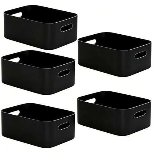 W&H 5 PCS Plastic Storage Baskets, Medium Cupboard Storage Boxes with Handle, Rectangular Home & Kitchen Organiser, Plastic Baskets for Shelves, Bathroom, Kitchen and Office - 25×17×10cm (Black)