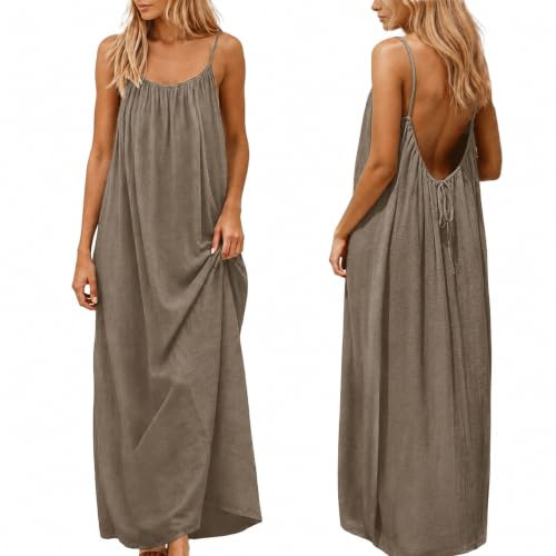 nnOuOnn Vestido camisola sin espalda para mujer, verano 2026, sin mangas, largo, casual, vestido de verano para mujer, vestido de descanso con espalda abierta, vestido de playa o casa