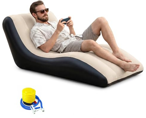 Yuragim Aufblasbares Sofa, Aufblasbarer Sessel, Aufblasbar Liegestuhl mit Luftpumpe, Wasserdichtes Aufblasbare Couch Camping Luftsofa mit Plüschbezug für Drinnen Draußen, bis 300 kg, 155x86x76cm