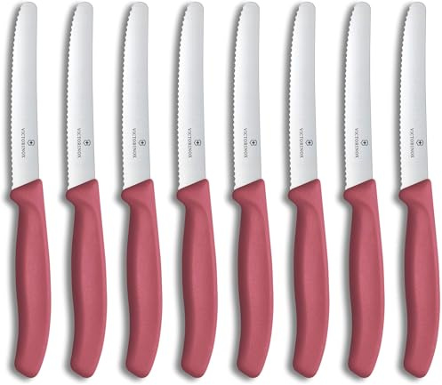 Victorinox Swiss Classic Coltello da Colazione, Coltello da Pane, Set da 4 pezzi, Lama Affilata, Seghettata, 11 cm, Acciaio Inossidabile, Rosso (Confezione da 2)