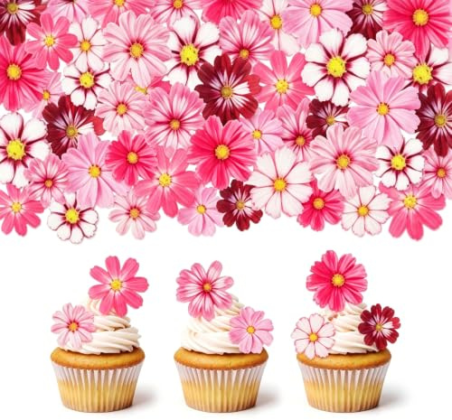 MIGIFTDY 65 PCS Wafer Paper Cake Decorations, Edible Pink Flowers for Cakes, Edible Cake Decorating Supplies for Cupcake Decorations, Birthday Wedding Party Cake Decorations Flowers