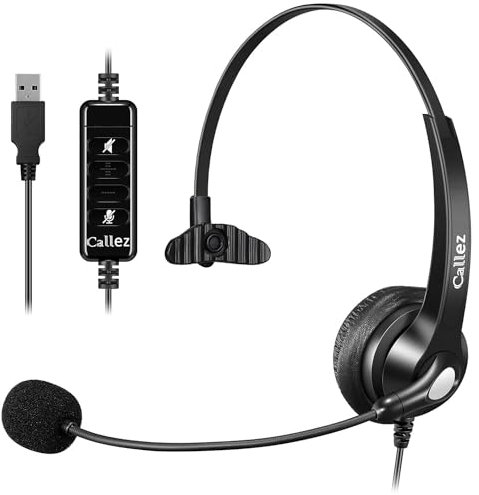 USB Headset with Microphone Noise Cancelling & Audio Controls, Wideband PC Headphone for Business UC Skype Lync Softphone Call Center Office Computer, Clearer Voice, Super Light, Ultra Comfort
