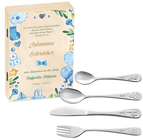 Maverton Kinderbesteck Set mit Gravur + Holzbox mit Aufdruck - aus Edelstahl - mit Tieraufdruck - 4-teilig - personalisierbar - Braun - Geschenk Geburtstag, Taufe, Geburt - Weihnachtsgeschenke - Zitat