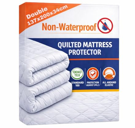 Luxury Quilted Mattress Protector Double Bed 34cm Extra Deep,100% Microfiber Quilted Double Mattress Protector, Hotel Quality Fitted Stretch Skirt Mattress Cover Super Soft (137x200cm)