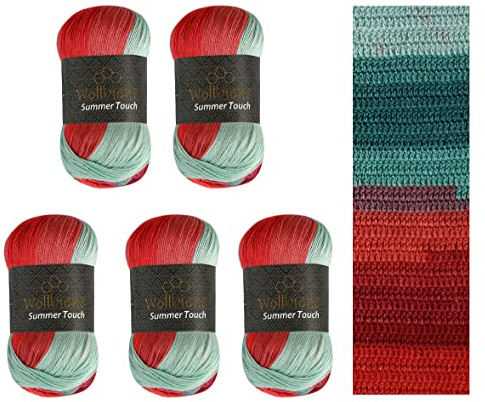 Wollbiene Summer Touch Batik 5 x 100 Gramm Wolle Mehrfarbig mit Farbverlauf, 500 Gramm merzerisierte Strickwolle Microfiber-Acryl (514 grün-rot)