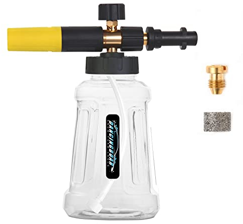 Lancia Schiuma da Neve Cannone Schiuma per Karcher Serie K K2 K3 K4 K5 K6 K7 Pistola Idropulitrice, 1L Dispenser di Sapone con Ugello Spray Regolabile Aggiornato per Autolavaggio (Nero e Giallo)