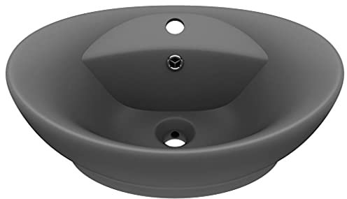 Waschbecken Oval Aufsatzwaschbecken für das Badezimmer und Gäste-WC, Waschschale mit Hahnloch und Überlauf, Aufsatzbecken Handwaschbecken, Matt Dunkelgrau 58,5x39cm Keramik