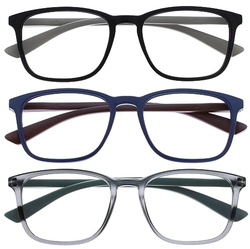 OPULIZE Max läsglasögon 3-pack – klassisk stor rektangulär fattning – glasögon i matt svart, blå och grå – män kvinnor unisex – RR78-137 – +1,50, Svart/blå/grå – 3 par, En Storlek