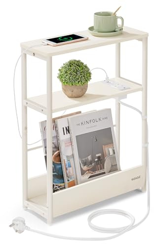VASAGLE Slim Side Table with Charging Station, 3-Tier Narrow Bedside Table, End Table for Small Spaces, Magazine Rack, for Living Room, Bedroom, Study, Cream White LET335W03