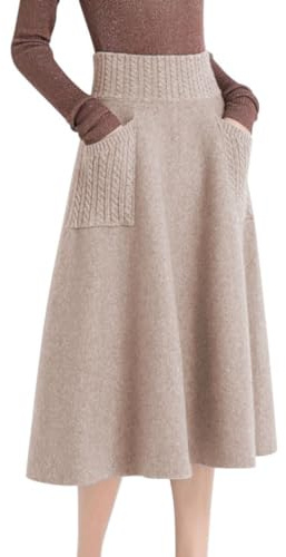 Minetom Jupe Longue Femme en Tricot Élégant Taille Haute Midi Automne Hiver Élastique A-Line Party Fête A Kaki XXL
