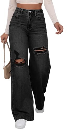 WDIRARA Women's High Waist Ripped Wide Leg Baggy Jeans Distressed Denim Pants Black Solid Large