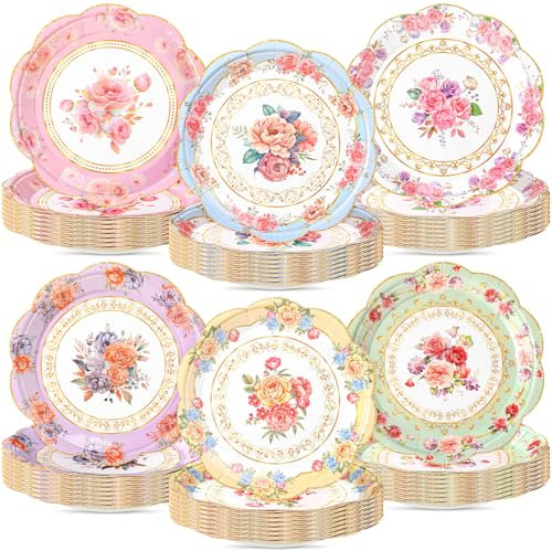 Zhehao 96 Pcs 7 Inch Vintage Floral Flower Decorative Plates Bulk Tea Party Watercolor Disposable Dessert Scalloped Paper Plates for Birthday Wedding Baby Shower Bloom Decoration Supplies, 6 Styles