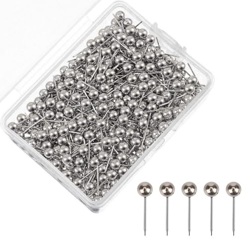Kryzulax 200 Pièces Punaises Carte, Punaises à Tête Ronde, Argenté, pour Carte de Voyage, Petites Push Pins pour Tableau en Liège, Tableau d'Affichage, Photo, Maison, Bureau, École, Bricolage