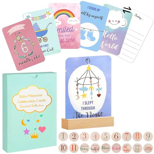 UZSUZZ 50 PCS Tarjetas Hitos para Bebé, Piedra Miliar Mensual Papel con Soporte Madera,Juego Tarjetas Hitos para Niños y Niñas para Regalo Bebe Recien Nacido