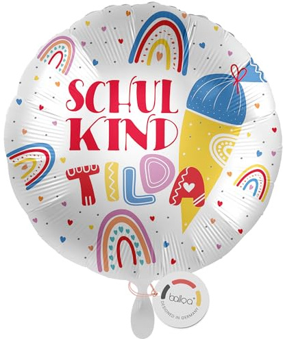balloa Personalisierter Ballon XXL mit Namen, personalisiertes Geschenk zur Einschulung, Heliumballon Schulkind, Folienballon mit Regenbogen und Schultüte, Einschulungsdeko Mädchen Junge, 53cm