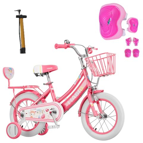 Habib Gruppe Mädchenfahrrad Komplettset | 16 Zoll | Inkl. Luftpumpe & 6-teiligem Schutz-Set | Karbonstahlrahmen & Duales Bremssystem | Mitwachsend & sicher für Mädchen 3-8 Jahre - Rot