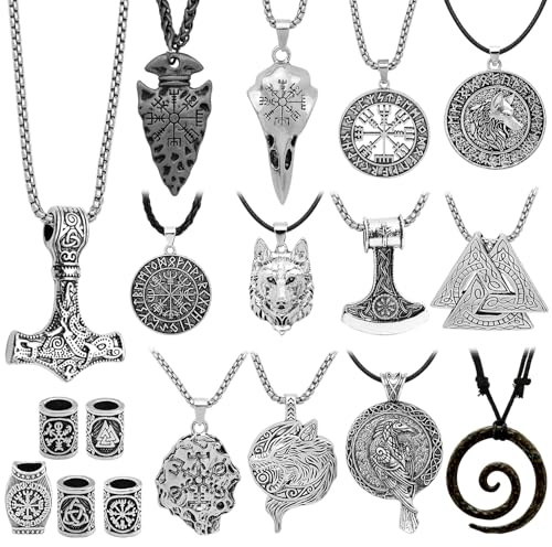 Fscwlmon 15pcs Norse Viking Amulet Necklaces Viking Hair Accessories for Men Women Compass Axe Wolf Raven Pendant Talisman Necklace Nordic Runes Beard Hair Beads Vintage Jewelry Bracelet DIY Gift GY
