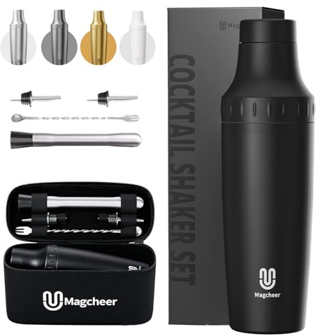 Magcheer Cocktail Shaker Set mit Integrierter Maßskala 900ml Premium Edelstahl Frostsicherer Doppelwand-Barkeeper Set Geschenkset mit Aufbewahrungsbox für Anfänger und Barkeeper(Schwarz)