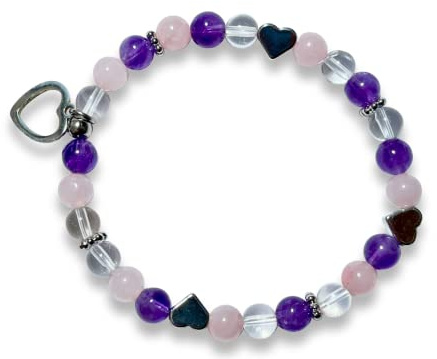 Majas Perlen Armband Mix Amethyst Bergkristall Rosenquarz mit Herzen hochwertig platiniert und Daisyperlen echt platiniert - Schutzsteinarmband - Handmade