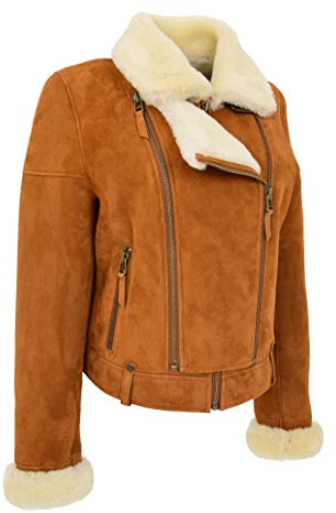 A1 FASHION GOODS Damen Echte Lammfell-Jacke Cognac Double Face Merino Shearling Fliegermantel – Mohnblume Gr. 46, Cognac
