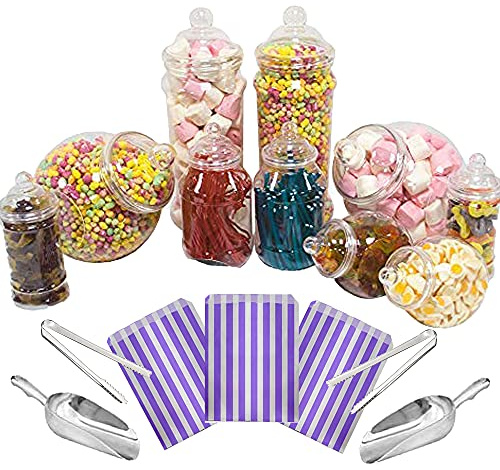 Purple Square 10 Mixed Jar Retro Pick & Mix Victorian Sweet Shop Candy Buffet Kit Party Pack with Scoops, Tongs & Bags - Purple Stripe Bags