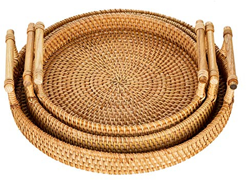 Sziqiqi Bandeja de Servicio de Ratán con Asas Juego de 3 bandejas de Mimbre Tejidas a Mano Bandeja de Ratán Bandeja Decorativa Rústica para Desayuno, Bebidas, Refrigerios, Pan para Mesa de Café Bar