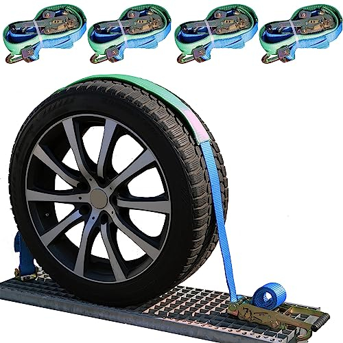 NTG 4 Stück Set Autotransport Spanngurte 2500mm lang bis 5000kg mit Grippschlauch und Wirkelhaken | Radsicherung | Gurt | Auto | Reifengurte