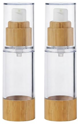 2 botellas de bomba sin aire vacías rellenables de plástico vacío emulsión botella dispensador de loción cosméticos frascos contenedores con cabeza de bomba de bambú para crema aceites esenciales