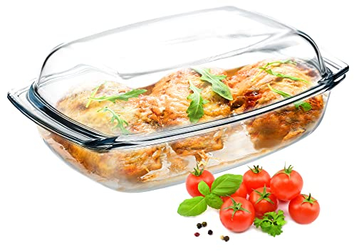 KADAX Fuente de horno, Cacerola con Tapa, Fuente de Cristal para asar, Lasaña, con Mangos, Bandeja de Cocina de Vidrio, transparente Aptas para Nevera y Congelador (rectangular, 4,1 L)