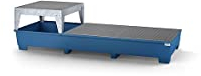 Denios Auffangwanne aus Stahl | zwei verzinkte Gitterroste | mit Abfüllbock | blau-silber | BxHxT 3280 x 883 x 1300 mm | Volumen 1000 Liter | 3 Fässer | Arbeitssicherheit Notfall-Umweltschutz-Produkte