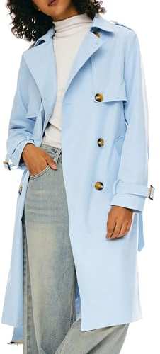 Orolay Gabardina Larga para Mujer con Cinturón Gabardina Ligera de Doble Botonadura con Cinturón Azul XS