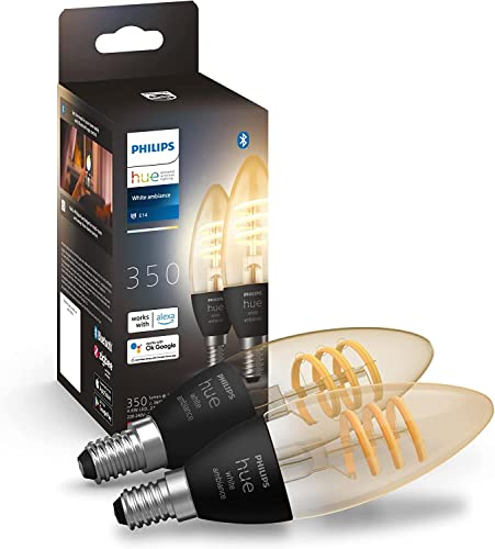 Philips Hue White Ambiance Filament, smarte E14 LED Lampe mit Kerzenform, dimmbar, 350lm, warm- bis kühlweißes Licht, steuerbar via App, kompatibel mit Amazon Alexa (Echo, Echo Dot), 2er Pack
