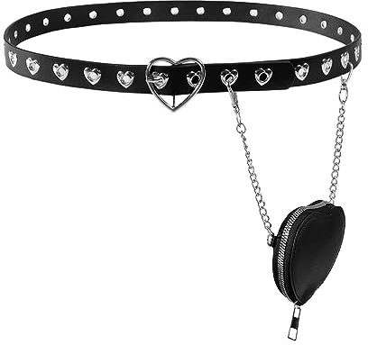 Eigso Punk Gürtel Damen Schwarz PU Leder Legierung mit Ketten und Herz und O-Ring verstellbar