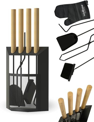 holz4home® Kaminbesteck 6-tlg. Schwarz mit Holzgriff inkl. Ofenhandschuh hitzebeständig I Kaminset Kamingarnitur Ofenbesteck Schürhaken Besen Ascheschaufel