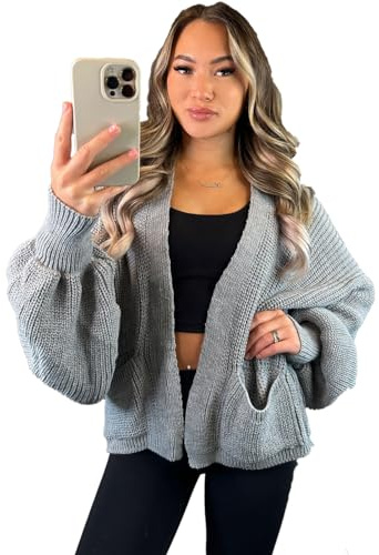 eyes Grey Women's Ladies Oversized Long Cardigan Balloon Sleeve Baggy Boyfriend Chunky Ribbed Open Knitted Maxi Pocket Warm Casual Plain Winter Jumper Sweater Top UK 6-18