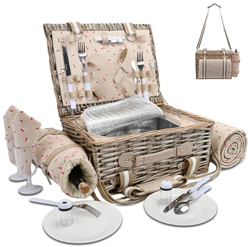 Picknickkorb für 2 Personen mit isoliertem Futter und wasserdichter Picknickdecke, Weinbeutel, großer Weidenkorb für Camping, Outdoor, Valentinstag für Paare, Kirschrot, 19 Stück