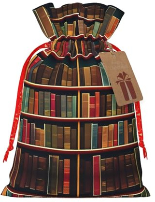 ZISHAK Bibliotheks-Bücherregal Buch, zarte Jute, Geschenktüte mit Kordelzug, handwerklicher Stoff, Geschenktasche, perfekt für Weihnachten