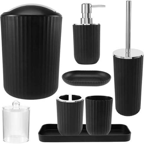 8 Pieces Bathroom Accessories Set Black- Bathroom Bin,Toilet Bowl Brush,Hand Soap Dispenser, Mouthwash Cup, Toothbrush Holder, Toothpick Holder, Soap Dish, Holder Tray - Bathroom Accessory