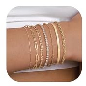 Krfy 7er Set Gold Armbänder für Damen - 14K Vergoldeter Edelstahl, Fischgrätperlen, Schlangen Ketten, Verstellbar & Stapelbar