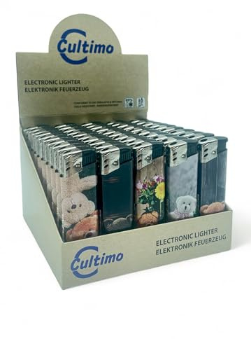 Cultimo 50 Stück Elektronik Feuerzeuge mit Motive, Nachfüllbar & Kindergesichert | Feuerzeug Lighter elektronische, Gas befüllt (Teddy Bär)