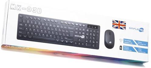 SIMPLETEK - Kit Mouse & Tastiera Nera Wireless 2.4G Layout UK | Inglese Keyboard QWERTY | Tastierino Numerico Mouse Ergonomico 3 Tasti Ricevitore USB