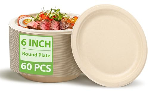 Lot de 60 assiettes jetables en fibre de bambou et pulpe de canne à sucre, 15 cm, vaisselle robuste, 100 % biodégradable, assiettes rondes compostables pour nouilles, collations, desserts