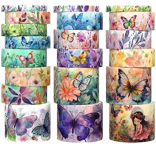 20 Rollen Washi Tape Set - Floral Butterfly Dekoratives Masking Tape, Adhesive Tape für Verschönern Bullet Journal Supplies, Junk Journal, Diy Handwerk, Scrapbooking Supplies, Art Craft, Gift Wrapping